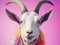 A whimsical goat with rainbow-colored hair against a pink background.