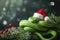 A whimsical green snake dons a Santa hat, playfully coiled on fir branches with festive baubles