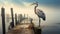 Whimsical Grey Heron On Wooden Dock: A Majestic Port Of Eerie Animal Symbolism