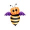 Whimsical halloween bee with pumpkin on head,red horns and purple wings