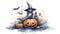 Whimsical Halloween Watercolor Illustration with Witch Hat, Pumpkin, and Bat on White Background Perfect for Invitations.