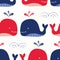 Whimsical, Hand-Drawn with Crayons, Red and Blue Whales in Sea Vector Seamless Pattern for Kids and Babies