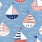 Whimsical Hand-Drawn with Crayons Ships in the Sea Vector Seamless Pattern. Cute Nautical Marine Background