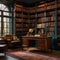 A whimsical Harry Potter-inspired study with book-lined walls, potion bottles, and antique globes2