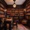 A whimsical Harry Potter-inspired study with book-lined walls, potion bottles, and antique globes3