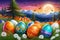 Whimsical Holiday Crossover: Illustrated Easter with Richly Colored Eggs Nested in Spring Grass, Hallmark of Celebration