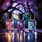 Whimsical holographic nail polish bottles in an enchanted forest