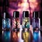 Whimsical holographic nail polish bottles in an enchanted forest