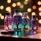 Whimsical holographic nail polish bottles in an enchanted forest