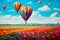 Whimsical hot air balloons floating above a patchwork of vibrant fields and farmlands