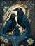 Whimsical illustration with fairytale ravens on a blooming tree. Fantasy painting. Generative AI