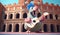 A whimsical illustration of a flamingo playing a guitar in front of the Colosseum in Rome, 3D rendering