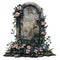 A whimsical illustration of an old tombstone entwined with vibrant flowers and lush greenery.