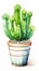 Whimsical Illustration of a Potted Cactus with Vibrant Green Lea