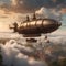 Whimsical illustration of a steampunk-inspired airship soaring above a cloud-covered landscape2