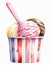 Whimsical illustration of a striped cup with three scoops of ice cream and a pink spoon, exuding a playful and appetizing charm