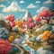 A whimsical illustration of a vibrant, colorful fantasy landscape with a charming cottage surrounded by uniquely shaped trees and