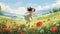 Whimsical Illustration Of A Young Girl Running In A Wild Flower Field
