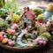 A whimsical image of a fairy garden, complete with miniature houses, flowers,