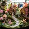 A whimsical image of a fairy garden, complete with miniature houses, flowers,