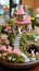 A whimsical image of a fairy garden, complete with miniature houses, flowers,