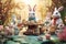 An whimsical image showcasing a bunny hosting a magical tea party in an Easter-themed wonderland, complete with festive treats,