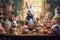 An whimsical image showcasing a bunny hosting a magical tea party in an Easter-themed wonderland, complete with festive treats,