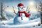 A whimsical image of a snowman adorned with a Santa hat, standing proudly in a winter landscape. The charming combination of the