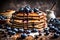 A whimsical image of a stack of fluffy, blueberry-studded pancakes with a drizzle of maple syrup