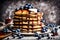 A whimsical image of a stack of fluffy, blueberry-studded pancakes with a drizzle of maple syrup