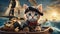 A whimsical kitten with a pirate flag, boldly facing stormy sea waves in a boat