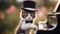 A whimsical kitten wearing a tiny bow tie and top hat, humorously playing the piano