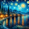 A whimsical lake and the city nearby, night vision, moon, starry sky, mountains, painting, Van Gogh, water reflection