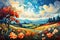 Whimsical landscape of rolling hills and playful clouds