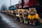 A whimsical lineup of serious-looking cats dressed in yellow jackets, standing in a row on a street with a train in the