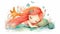 Whimsical Little Mermaid Cartoon Watercolor Illustration for Children\\\'s Books.