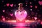 Whimsical Love Potion Bottle on Table with Neon Lights, Flying Hearts and Generative AI