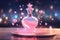 Whimsical Love Potion Bottle on Table with Neon Lights, Flying Hearts and Generative AI