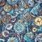 Whimsical mechanical seamless pattern with gears. Intricate blue watercolor background with cogwheels for gift wrap. Generative AI