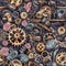 Whimsical mechanical seamless pattern with gears. Intricate watercolor background with cogwheels for textile fabric. Generative AI