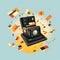 Whimsical Memories: Vintage Instant Camera with Photos in Mid-Air