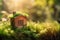 Whimsical Miniature Wooden House Amidst Spring Grass and Moss, AI Generated