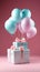 Whimsical mix: White gift box, blue ribbon, balloon against playful pink backdrop.