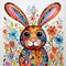 Whimsical mixed media floral Easter Bunny Rabbit Illustration