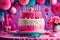 A whimsical moment frozen in time as a vibrant pink-themed birthday cake becomes a delightful explosion of colors and