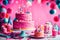 A whimsical moment frozen in time as a vibrant pink-themed birthday cake becomes a delightful explosion of colors and