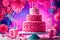 A whimsical moment frozen in time as a vibrant pink-themed birthday cake becomes a delightful explosion of colors