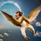 A whimsical monkey with angelic wings, swinging through a celestial sky surrounded by fluffy clouds3, Generative AI