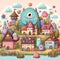 The whimsical monster village in cartoon art, cute elements arounds, adorable, fantasy art, dreamy, wonderland, printable