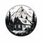 Whimsical Mountain Cabin Emblem High Contrast Black And White Outdoor Art